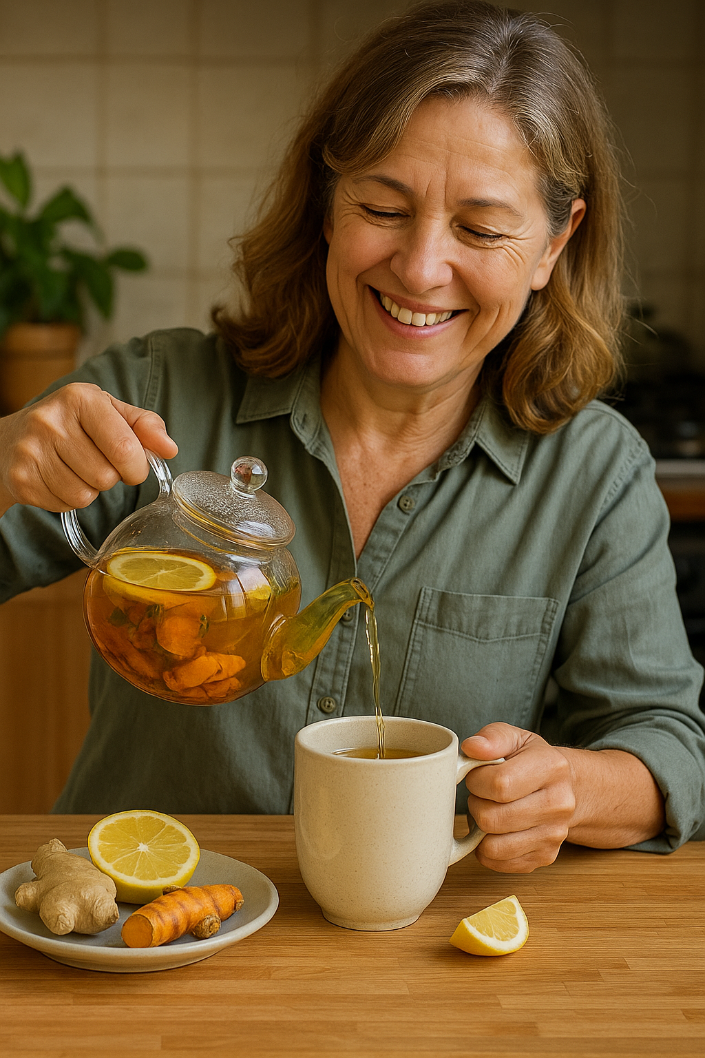 Persona sirviendo té de hierbas y cítricos